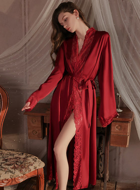 性感睡衣女浴袍真丝绸缎长款红色纯欲宫廷风新娘结婚伴娘闺蜜晨袍