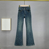 女潮2024年新款 春季 高腰修身 欧货牛仔喇叭裤 显瘦重工烫钻拖地长裤