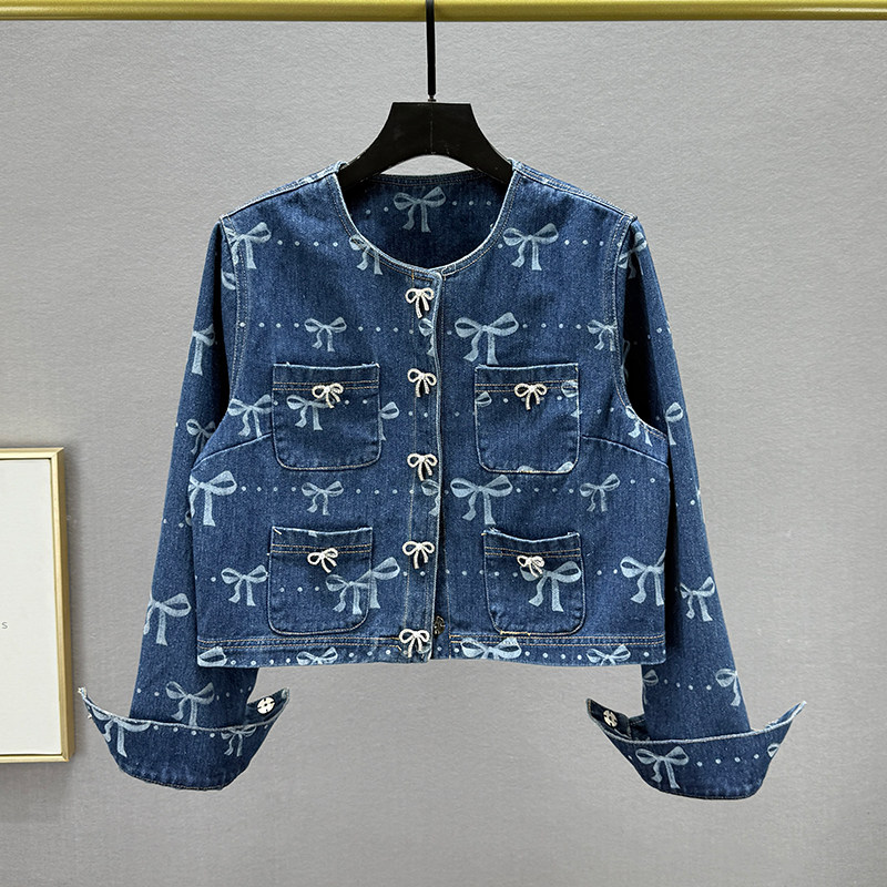 蝴蝶结镶钻牛仔外套女潮2025年春季新款修身显瘦ins欧货短款上衣,女装/女士精品,短外套,淘宝优惠券,粉丝福利购,淘宝优惠卷