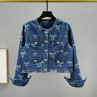 显瘦ins欧货短款 修身 上衣 新款 蝴蝶结镶钻牛仔外套女潮2025年春季