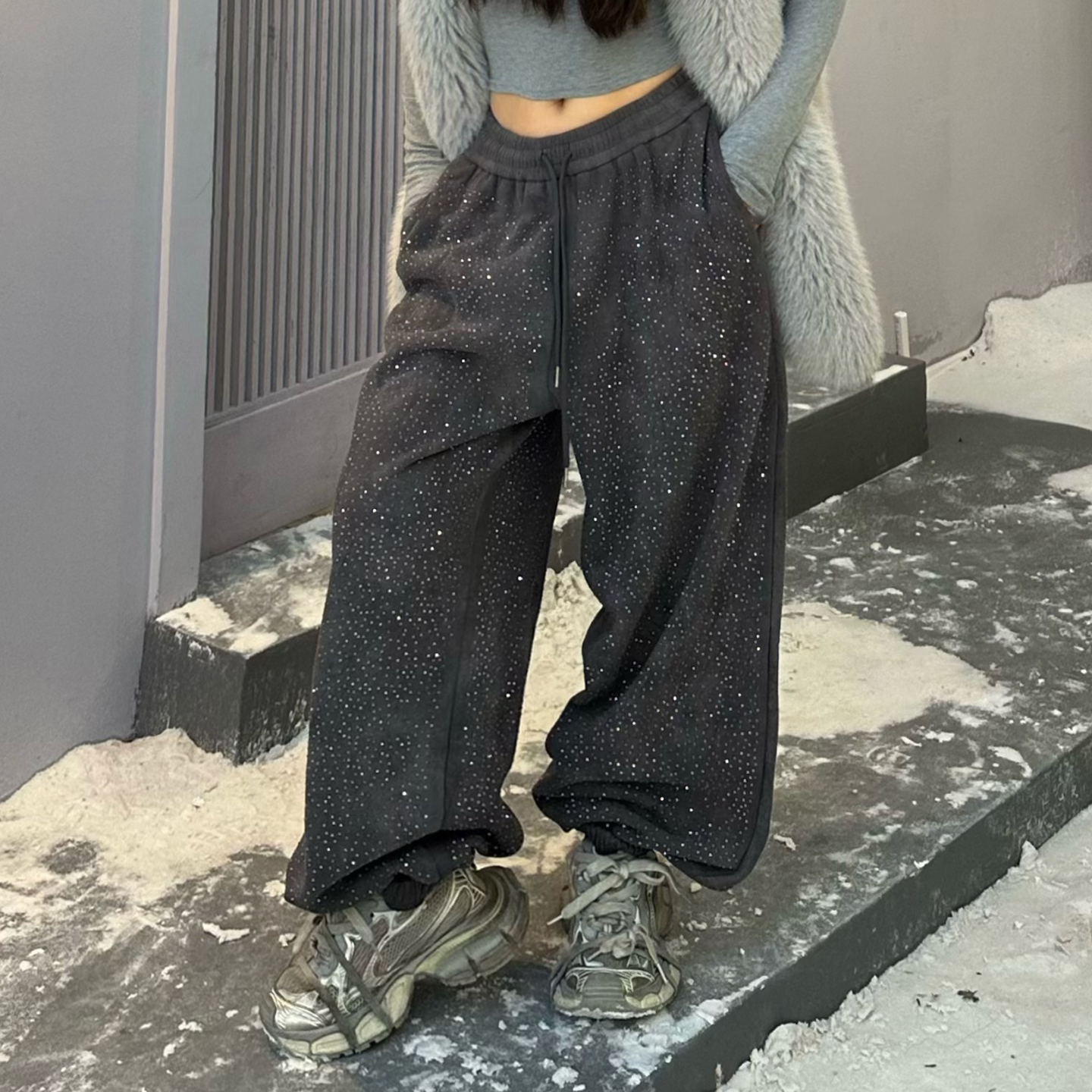 欧货烫钻卫裤女加绒加厚2025冬季