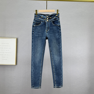 女小脚裤 显瘦九分铅笔裤 2025年冬季 三粒扣高腰修身 新款 加绒牛仔裤