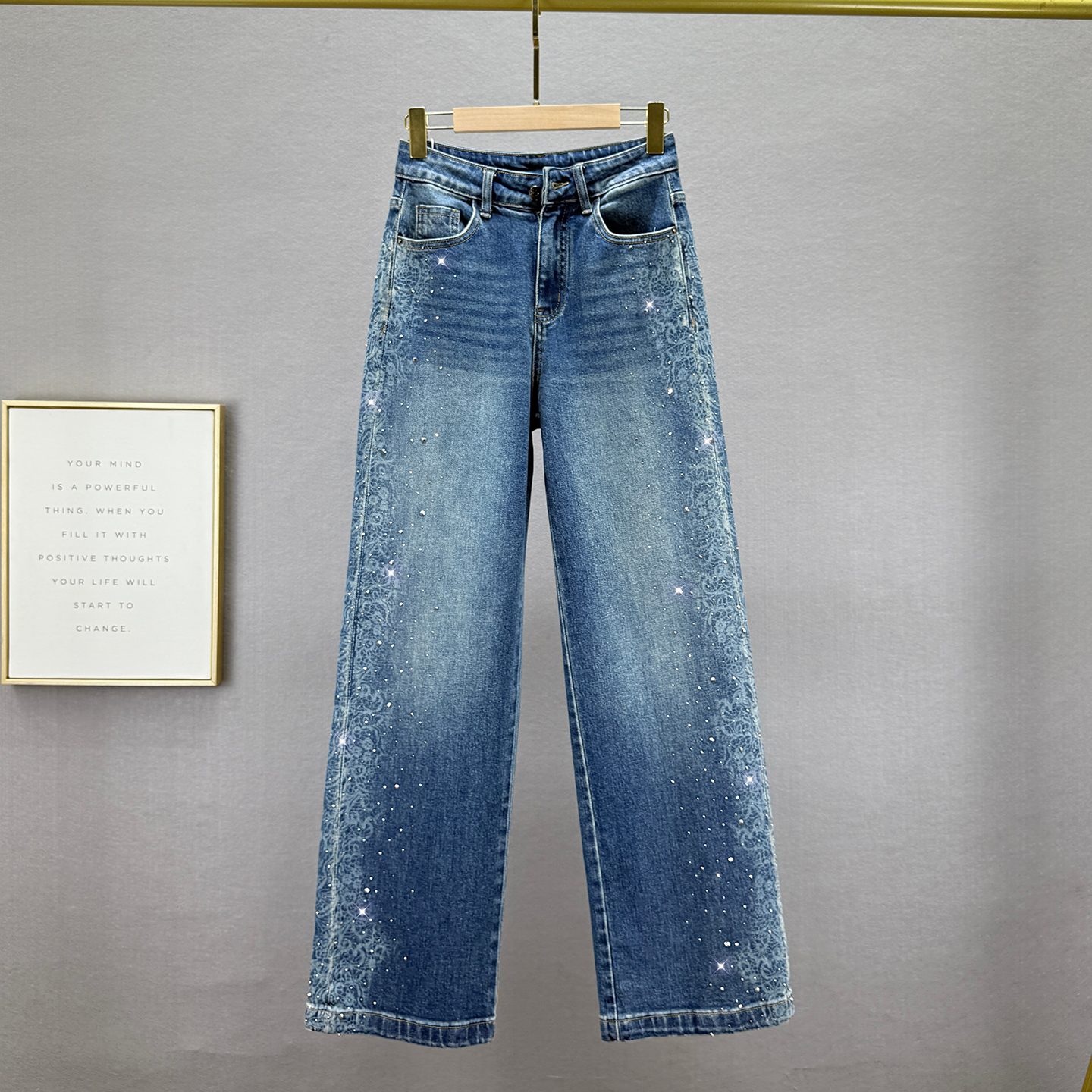烫钻加长牛仔裤女2025年秋季新款