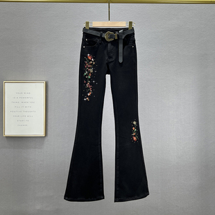 女潮2023年新款 长裤 秋季 显瘦民族风镶钻喇叭裤 高腰修身 绣花牛仔裤
