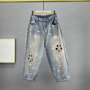 高腰宽松显瘦复古做旧烫钻老爹垮裤 夏装 女潮2024年新款 超薄牛仔裤