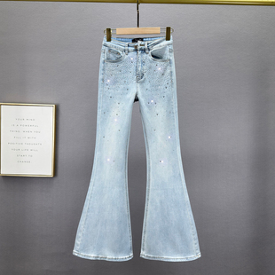 显瘦欧货烫钻阔脚喇叭裤 加长牛仔裤 弹力高腰修身 新款 女2026年春季