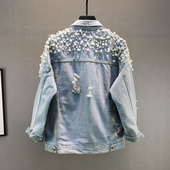 2020春秋装 牛仔外套女潮 显瘦重工钉珠破洞长袖 新款 欧洲站宽松大码