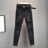 2025年秋季 新款 弹力修身 黑色牛仔裤 显瘦欧货假破洞烫钻九分小脚裤