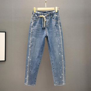 松紧高腰宽松显瘦老爹哈伦裤 新款 女2025春季 欧洲站烫钻九分牛仔裤