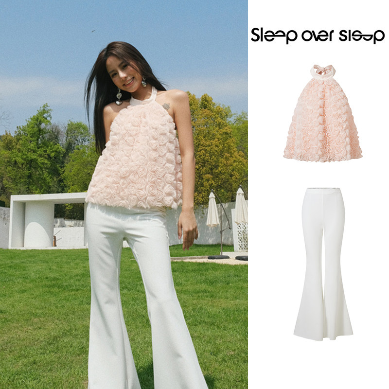 设计师品牌 sleep over sleep立体玫瑰花蓬蓬纱挂脖系带a字上衣