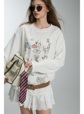 胡可直播间专属链接VANMYTH镂空领趣味印花长袖T恤