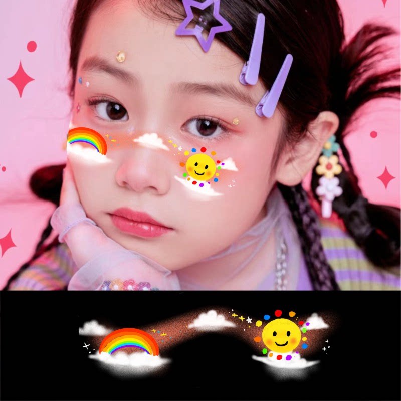 儿童节彩虹妆脸贴 团体舞台妆创意妆容纹身贴 彩条彩绘校运会脸贴