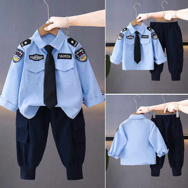 男童警服套装春秋款儿童演出服帅气领带制服多口袋衬衫2件套
