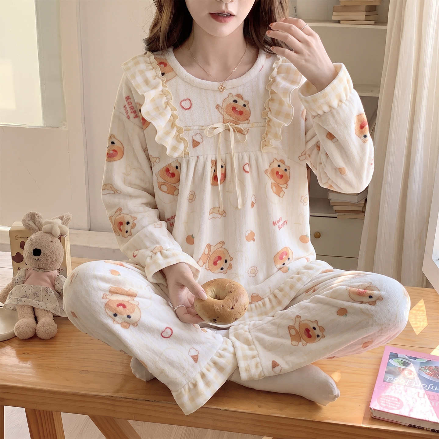 日系公主ins风韩版睡衣女套装加厚珊瑚绒可爱卡通法兰绒家居服冬