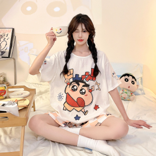 短裤 家居服蜡笔小新短袖 休闲睡衣女2026年 卡通云朵棉两件套装 夏季