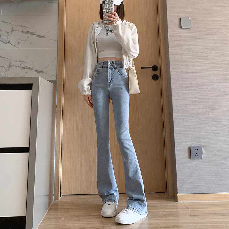 浅色微喇叭牛仔裤女春秋2025新款高腰显瘦弹力百搭设计感马蹄裤子