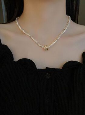 日韩轻奢珍珠金色心形双层锁骨链