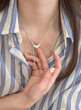简约轻奢银色牛角包项链女可调节水滴流苏锁骨链高级感百搭颈饰
