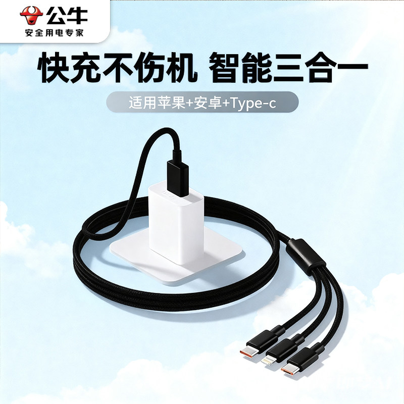 【国家3C认证】公牛typec充电器三合一线数据线充电头一拖三多功能三头充电线快充套装USB适用苹果安卓5V1A2A