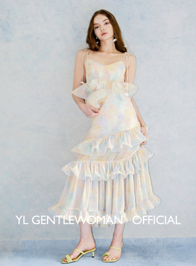 Serein Kare欧若风雪纺晕染印花连衣裙木耳边吊带系带度假长裙