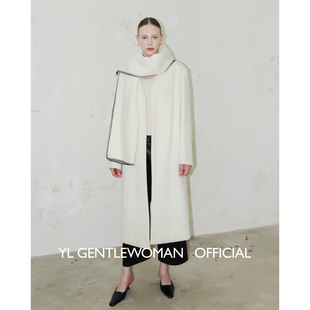 YL Gentlewoman双面呢羊毛白大衣显瘦西装无领外套|大披肩围巾