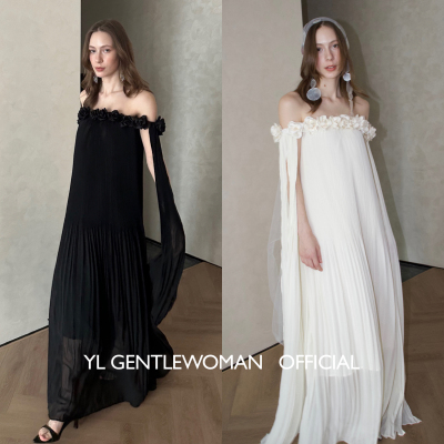 一字肩度假连衣裙晨袍拖地礼服裙