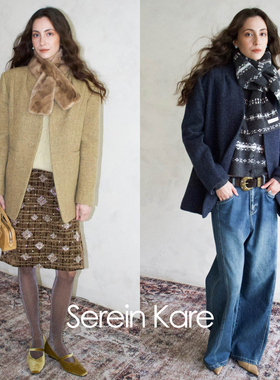 Serein Kare|秋冬设计感意式澳洲羊毛无领西装褶皱v领短大衣