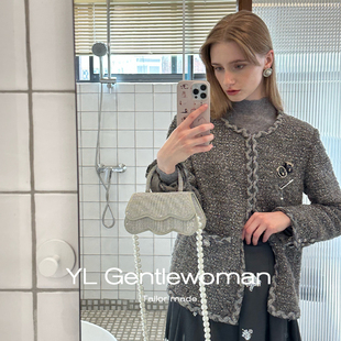 YL Gentlewoman秋冬羊毛粗花呢编织花边灰色经典小香风外套