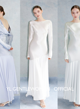 Serein Kare小众设计感露背斜裁醋酸连衣裙光泽感缎面度假裙