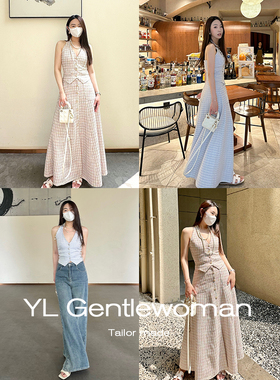 YL Gentlewoman重工两穿小香风v领挂脖背心马甲法式度假半裙套装