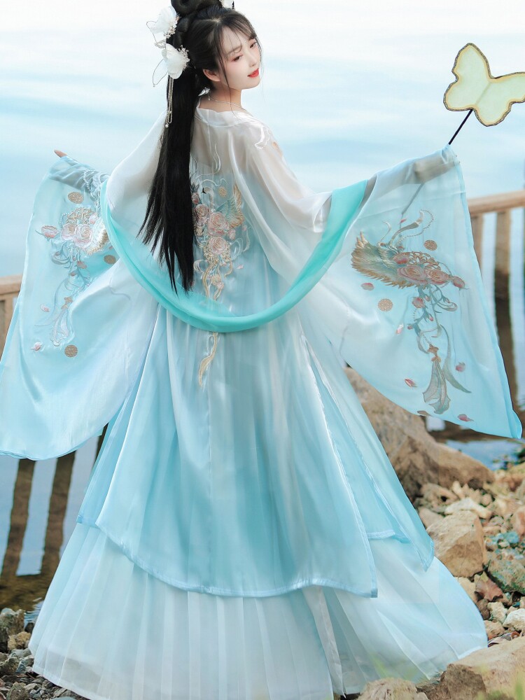 원래 HANFU 여성의 중장비 자수 당나라에서 만든 미로발란 스커트 큰 소매와 원피스 가슴 길이 스커트 중국 스타일 슈퍼 요정 의상