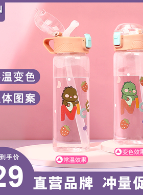 便携卡通吸管水杯男女感温变色耐摔运动太空杯户外儿童学生塑料杯