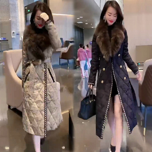 棉服女2022年新款网红气洋气炸街高端中长款过膝棉袄大毛领菱格潮