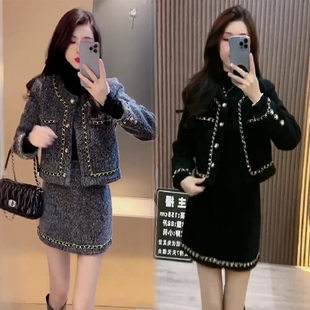 2022年冬季新款加棉韩版西服显腿长短裙高级感时尚女士小香风套装