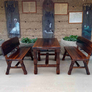 实木碳化桌椅组合阳台庭院饭店复古桌椅 户外防腐木桌椅三件套加厚