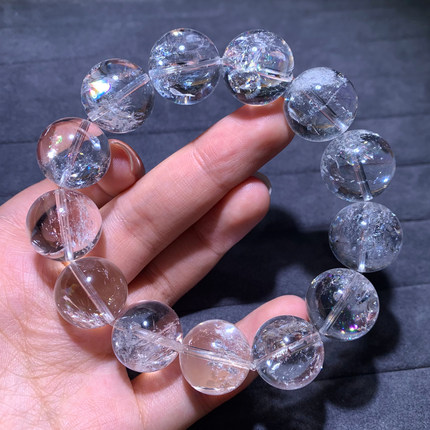 天然彩虹冰透白阿赛单圈水晶手链白水晶冰片手串百搭饰品礼物男女
