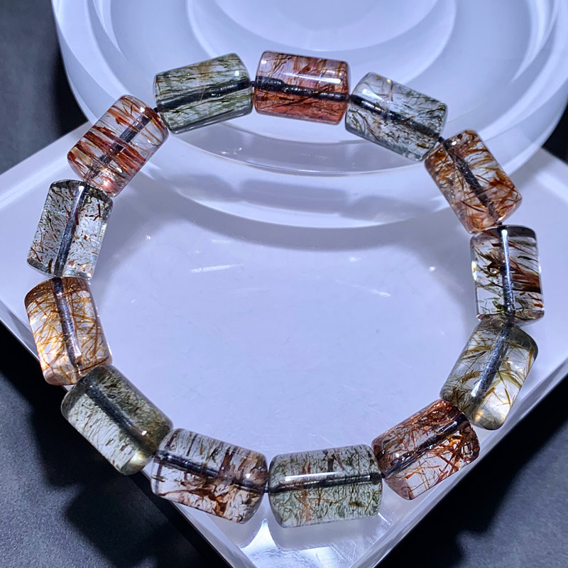 天然黑金超桶珠手链顺发共生超七水晶黑闪发晶手串时尚饰品情侣款