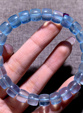 天然冰透海蓝宝直切桶珠手链巴西润蓝色水晶送礼物饰品清新情侣款