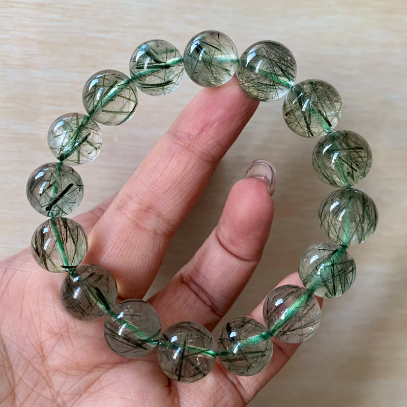 天然巴西透体顺发绿发晶手链带发丝水晶手串饰品送礼物男女生配饰