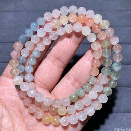 天然顺发三圈彩兔毛手链一物一图彩发晶手串冰透水晶饰品送礼物女