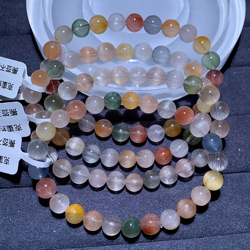 天然拉丝冰透彩兔毛水晶手链单圈柔顺猫眼彩发晶手串配饰礼物情侣