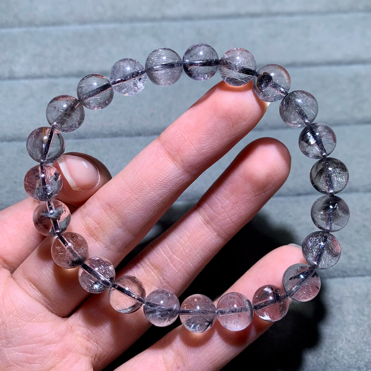 天然冰透黑银钛晶单圈手链顺发女