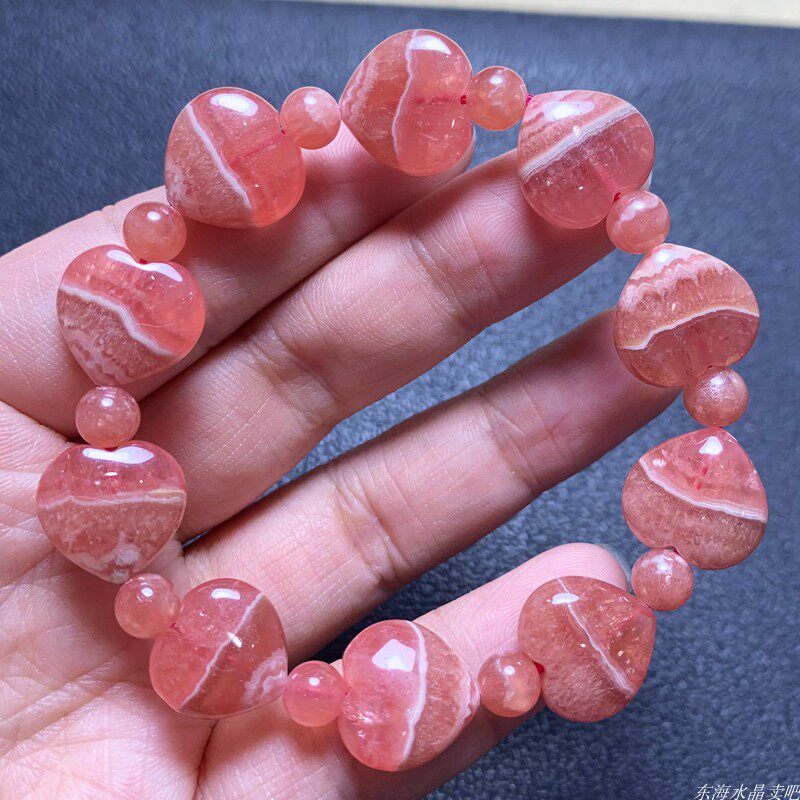天然阿根廷冰种五花肉爱心红纹石手链招桃花婚姻旺夫水晶手链女