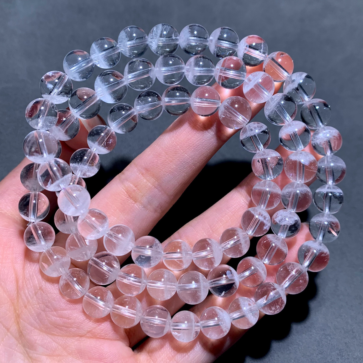 天然冰透白幽灵水晶三圈手链水晶