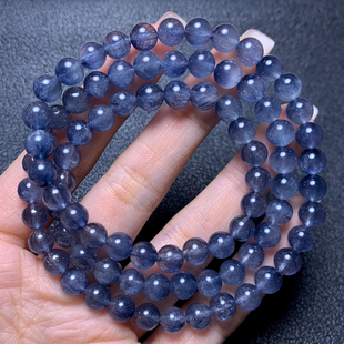 天然蓝兔毛蓝钢丝手链三圈绒发晶拉丝水晶手串清新礼物饰品情侣女