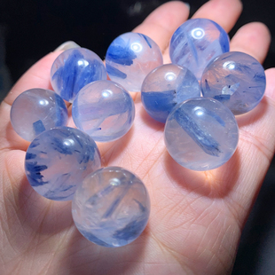 天然石英质玉共生玉化蓝晶石球透体海蓝宝水晶配饰品男女手链礼物