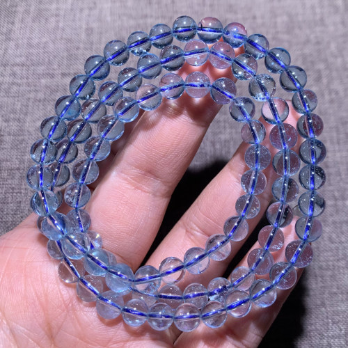 天然冰透湛蓝海蓝宝三圈手链饰品