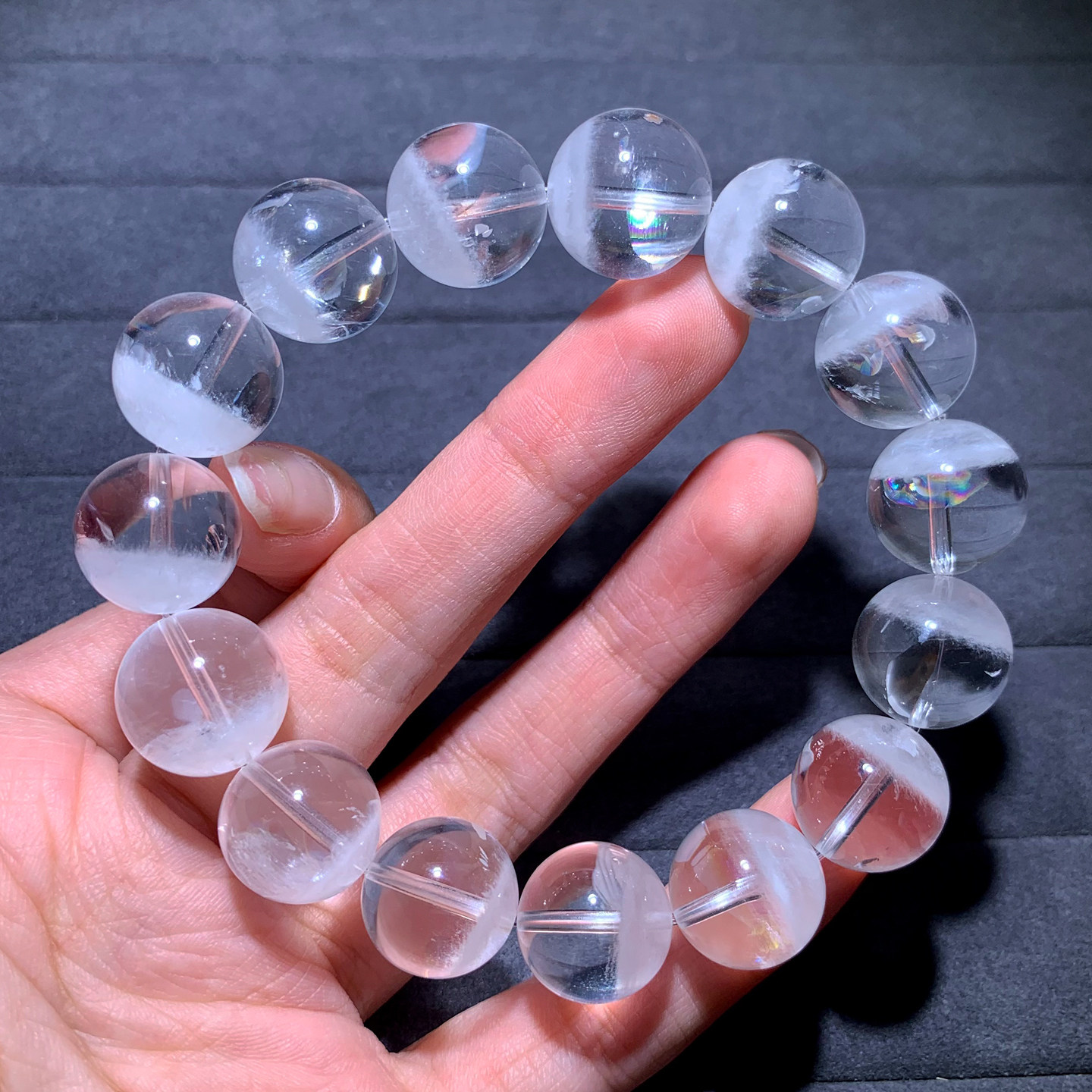 天然冰透白幽灵水晶单圈手链彩虹
