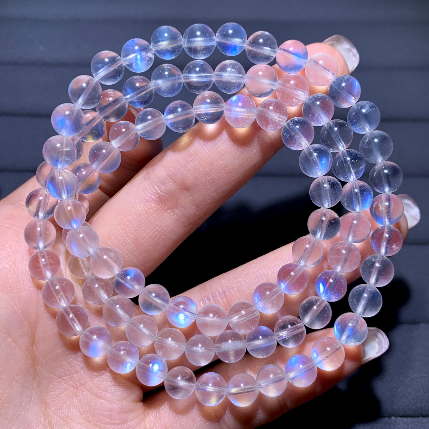 天然冰透奶油体蓝月光三圈手链月光石手串水晶情侣饰品礼物男女生