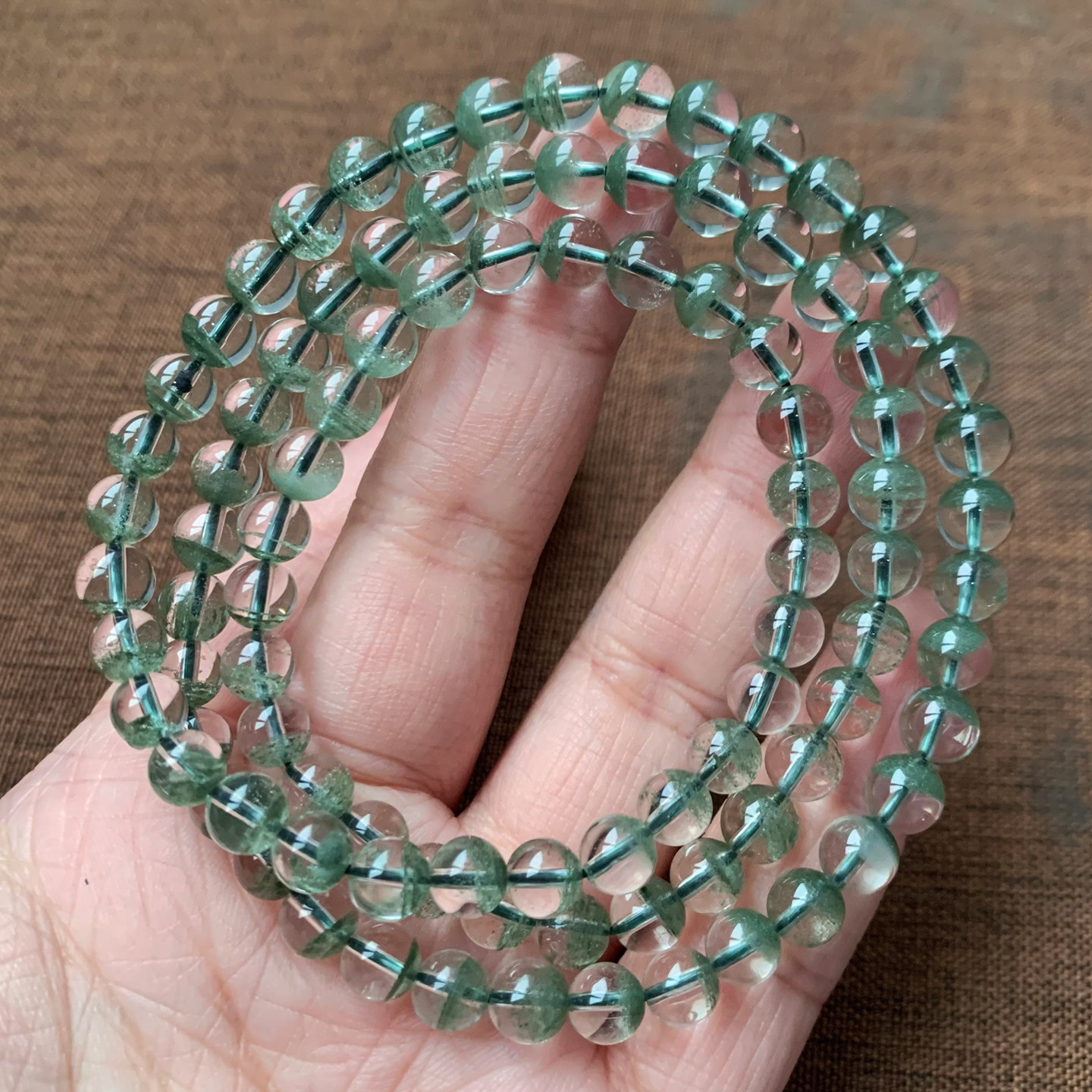 天然巴西冰透绿幽灵水晶三圈手链绿红幽灵聚宝盆千层山手串送礼物